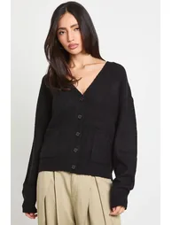 Soft Knit Pocket Detail V Neck Cardigan - black - 1