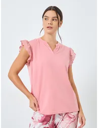 V Neck Lace Shoulder T-Shirt and Rosey Floral Cuffed Pyjama Set - 1