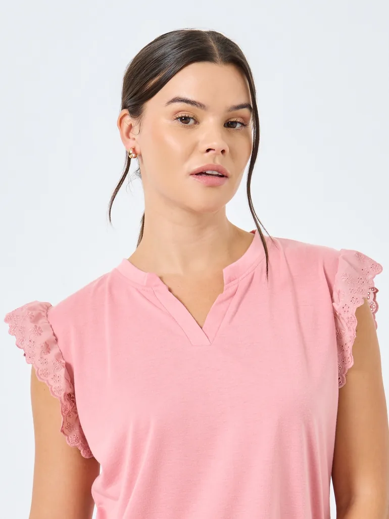 V Neck Lace Shoulder T-Shirt and Rosey Floral Cuffed Pyjama Set - 2