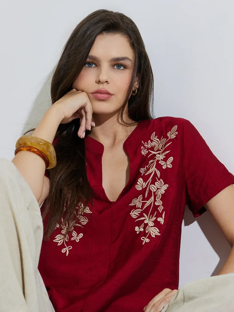 Burgundy Embroidered Short Sleeve Blouse