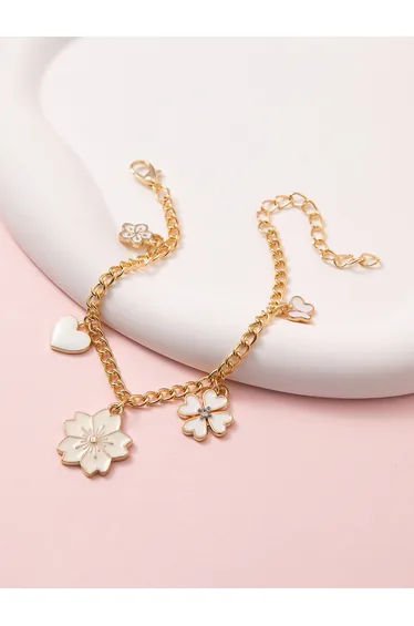 Girls Gold Tone Charm Bracelet with Enamel Heart and Floral Pendants