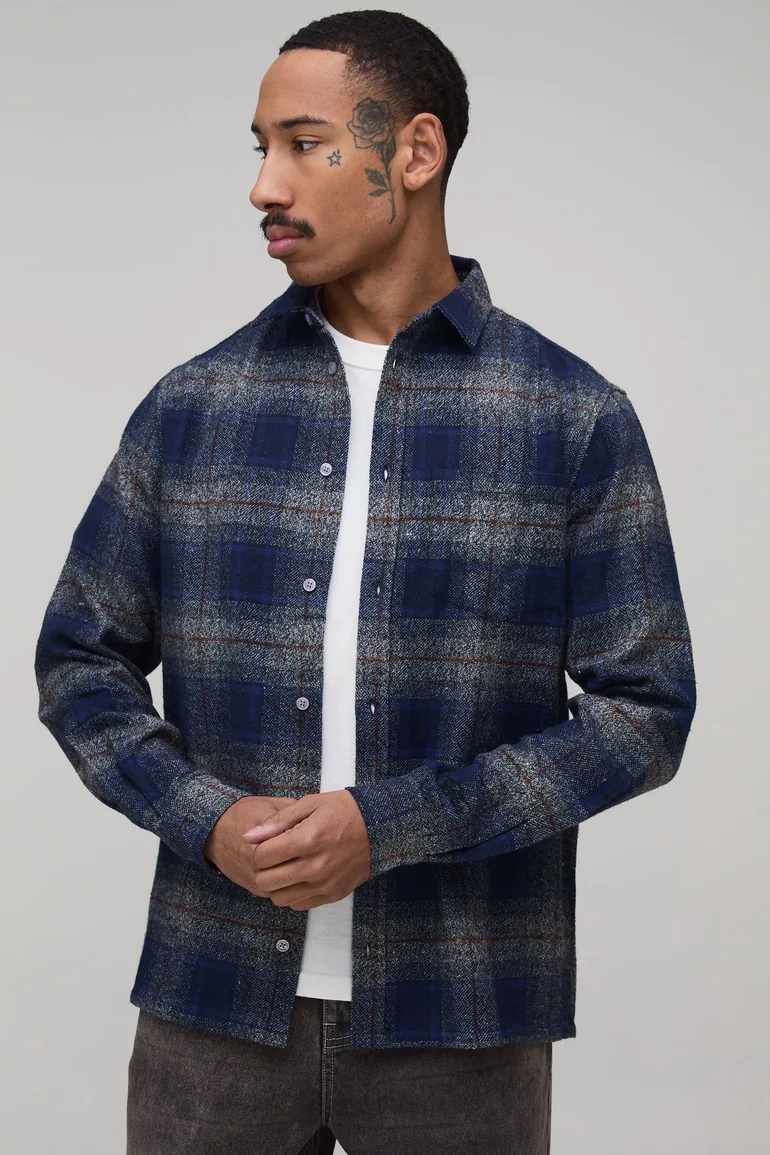 Essential Regular Fit Flannel Long Sleeve Shirt - navy