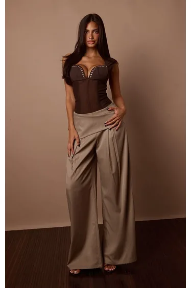 Dark Taupe Oversized Belt Detail Wide Leg Trousers
