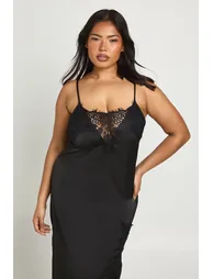 Plus Satin Slip Dress With Contrast Lace Trim Detail - black - 3