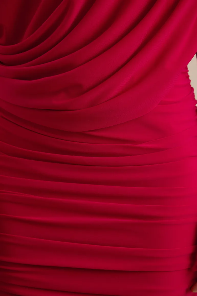 Amaline | Red Mesh Bardot-Neck Maxi Dress With Draped Detailing - 5