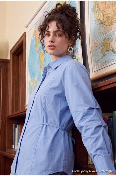 Blue Fitted Lacing Detailed Large Size Woven Shirt product thumbnail 4