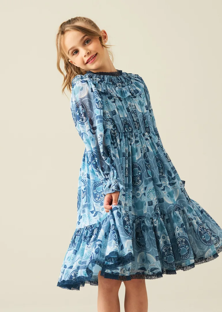 Isabelle Georgette Print Lace Trim Dress - Blue