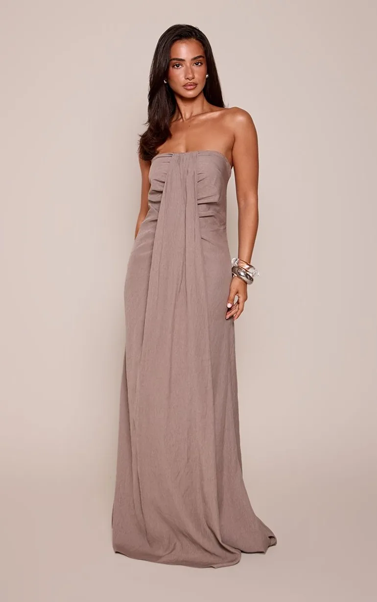 Petite Grey Bandeau Drape Detail Maxi Column Dress