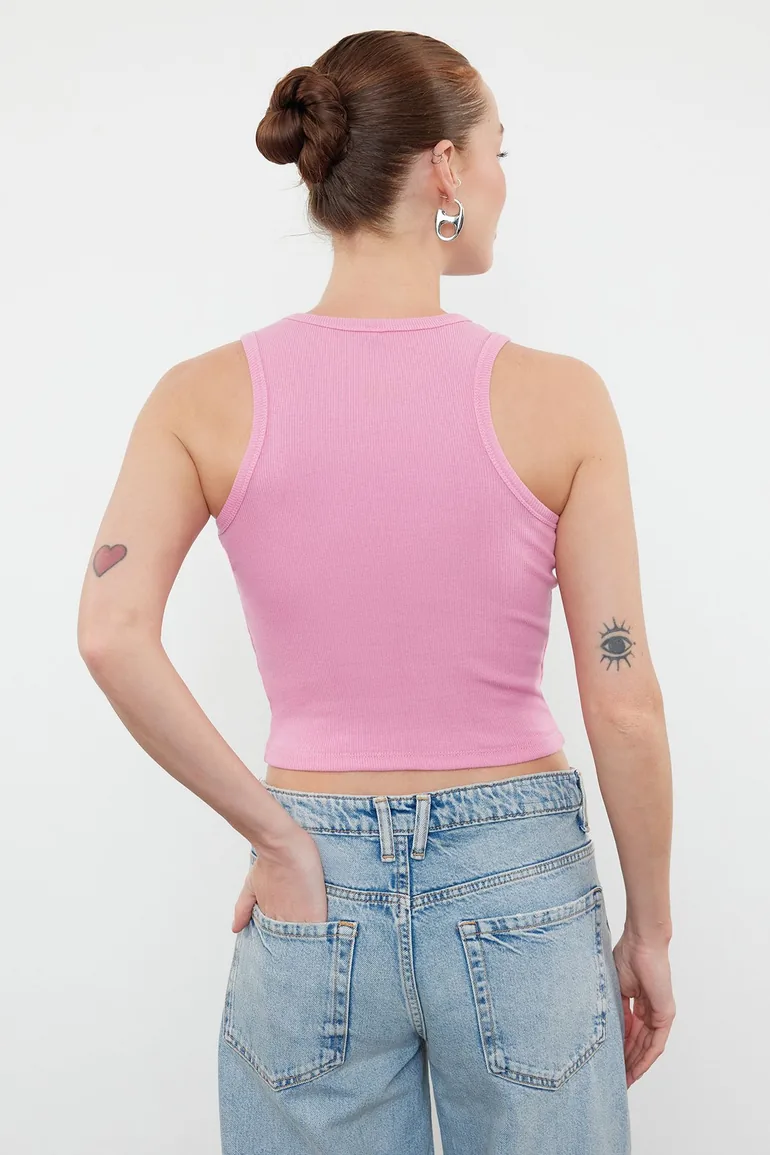 Pink-White 2 Pack Fitted Crop Halter Neck Ribbed Flexible Knitted Undershirt - 4