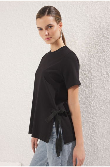 Black 100% Cotton Side Tie Detail Relaxed Cut Knitted T-Shirt product thumbnail 2