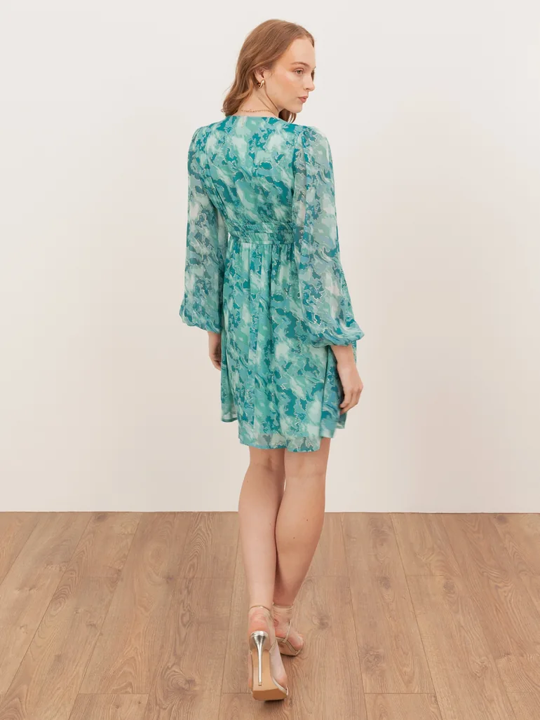 Lovedrobe Abstract Print Maxi Sleeve Shirred Empire Waist Mini Dress - 1