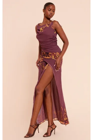 Dark Purple Floral Print Chiffon Ruched Split Midi Skirt
