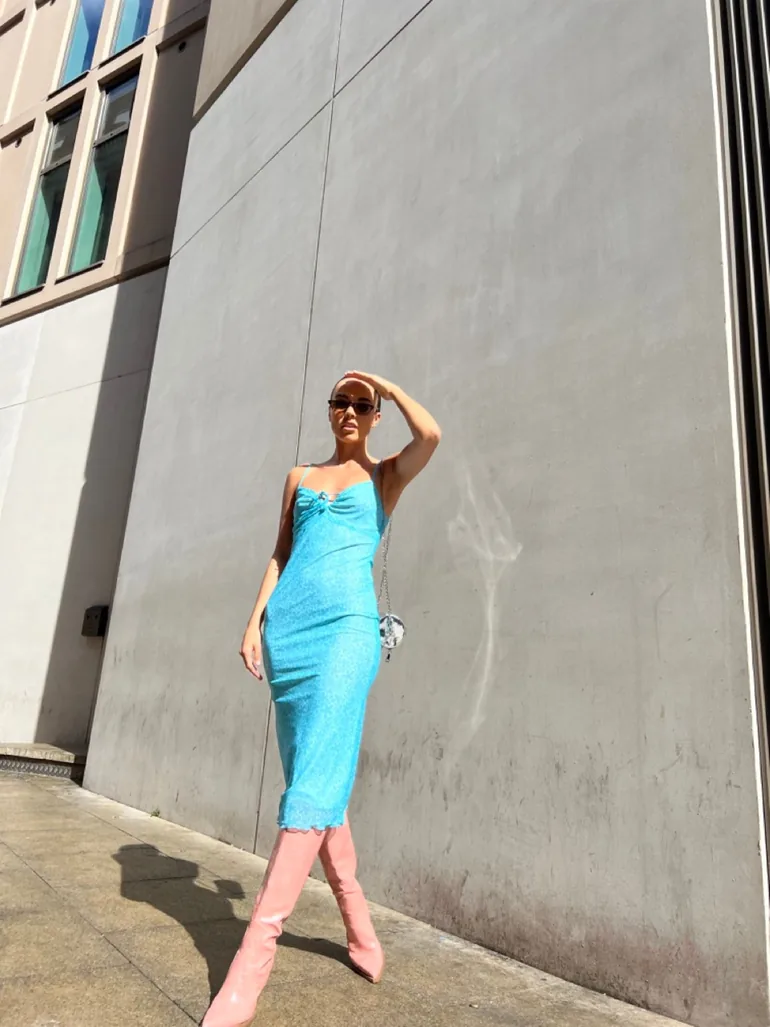 Blue Flower Mesh Midi Dress - 3