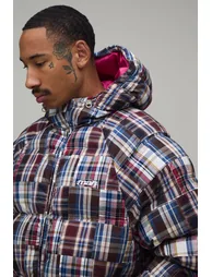 Oversized Boxy Fit Hooded Mixed Check Puffer - grey - 2