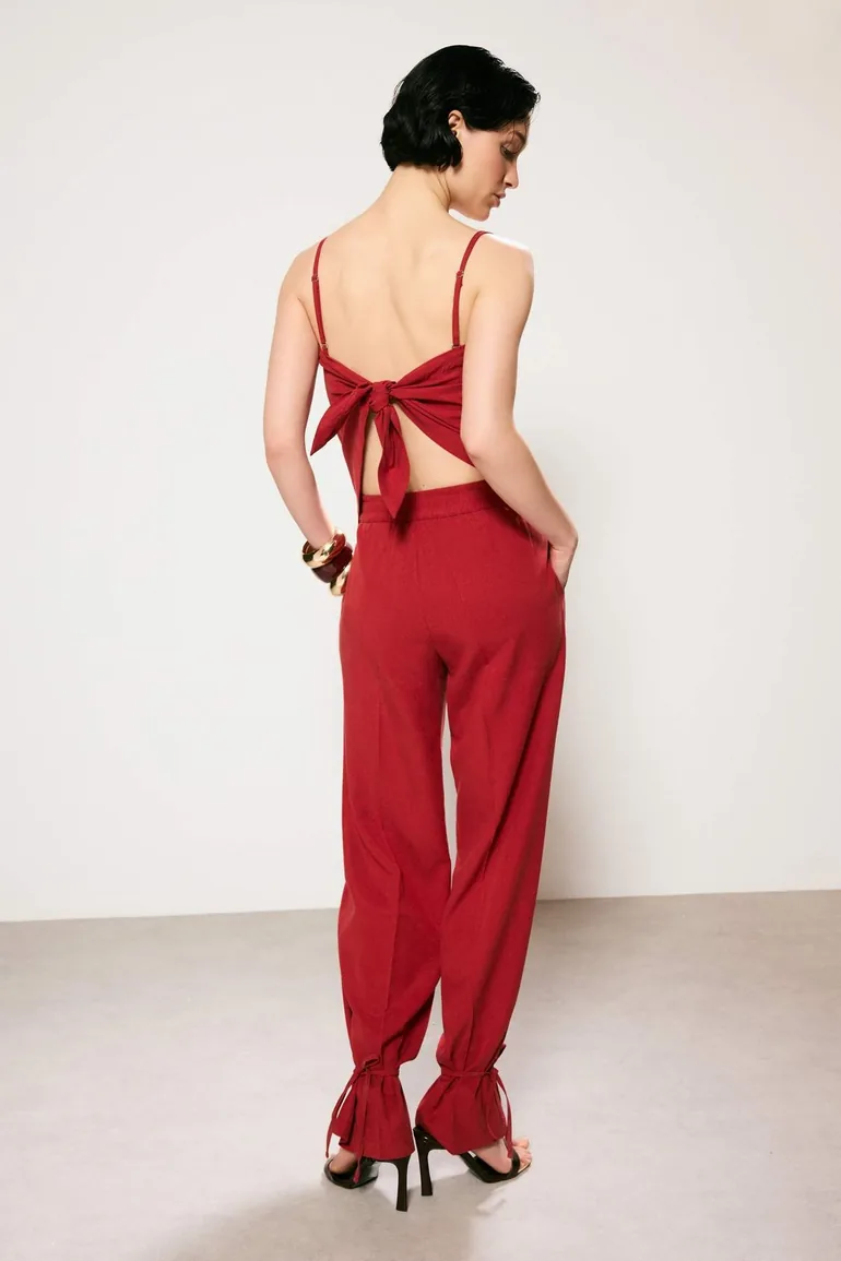 Red Back Tie Detailed Woven Blouse - 3