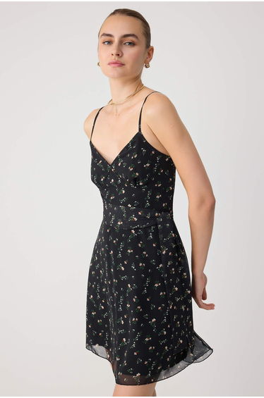 Black Floral Scarf Detailed Skater/Waist Opening Short / Mini Woven Chiffon Dress
