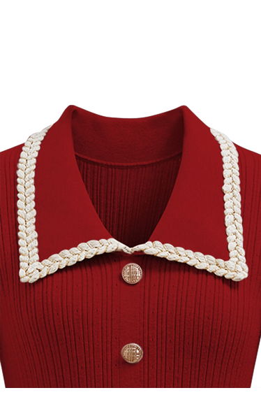 Collared Braided Edge Knit Midi Dress in Red product thumbnail 4
