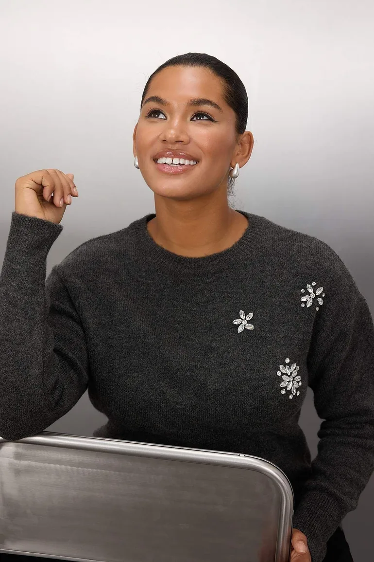 Anthracite Stone Detailed Soft Feeling Knitwear Sweater