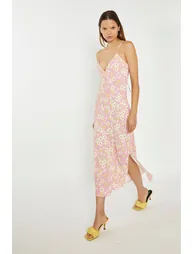 Pink-Olive-Yellow-Flower Midi Slip Dress - 3