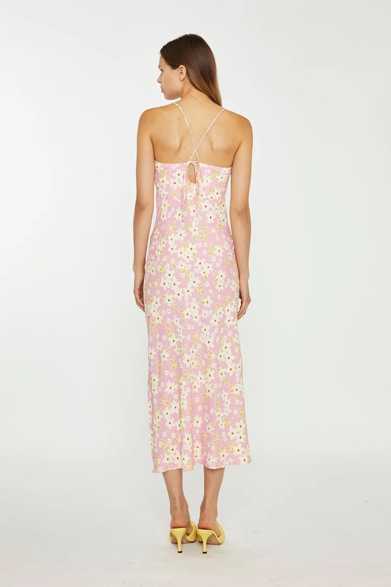 Pink-Olive-Yellow-Flower Midi Slip Dress - 1