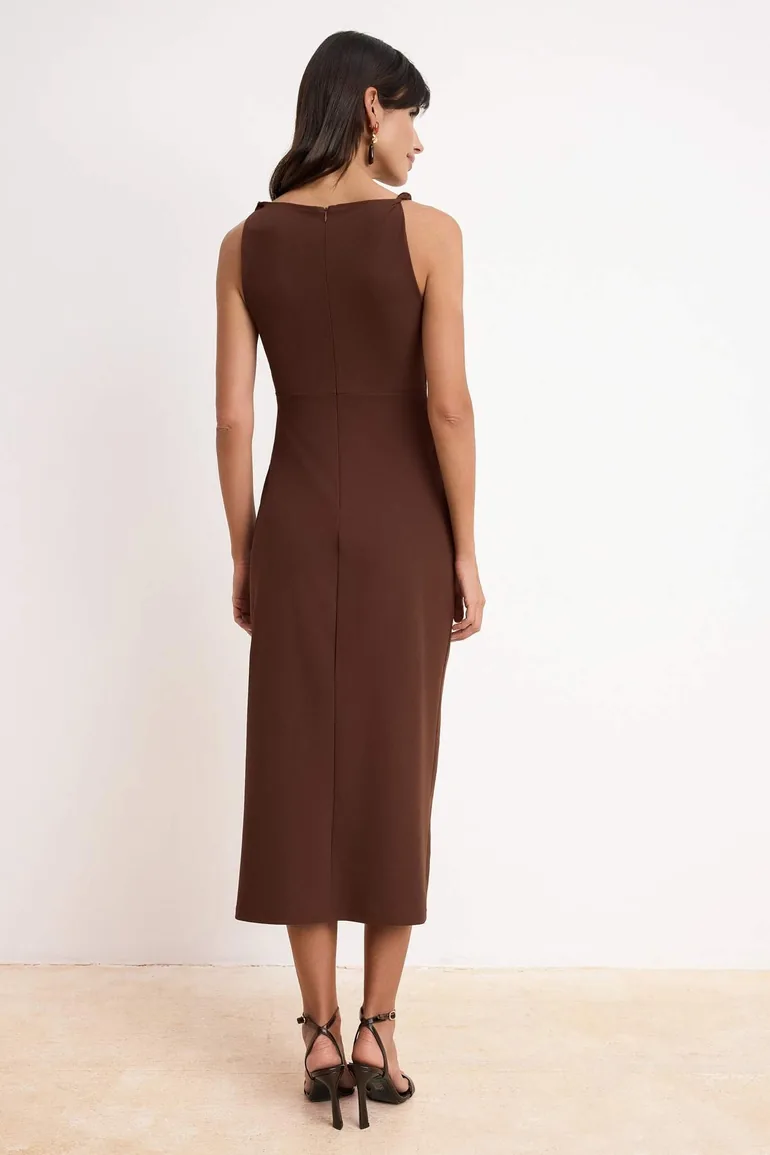 Brown Bodycon Square Neck Sleeveless Shirred Maxi Paper Touch Knitted Dress - 2