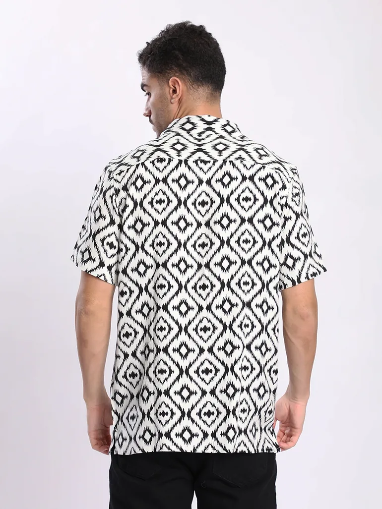 Men White All Over Print Resort Collar Shirt - 4