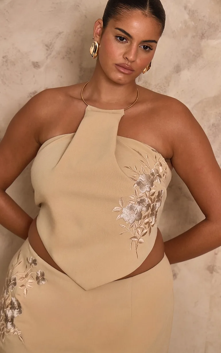 PLT Label Plus Stone Woven Embroidered Pleat Detail Gold Trim Top