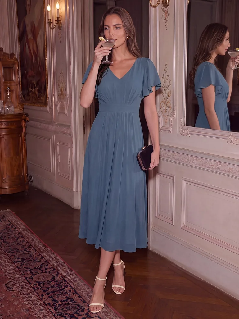Chiffon Ruffle Sleeve A-Line Wedding Guest Dress - 1