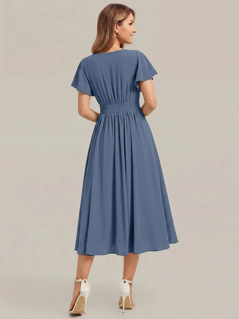 Chiffon Ruffle Sleeve A-Line Wedding Guest Dress - 4
