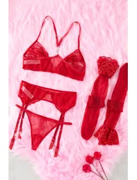 Red Lace Openwork Coverless Lingerie Sets - 2