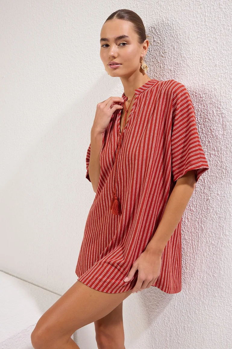 Brown Column Mini Shirt Dress - 1