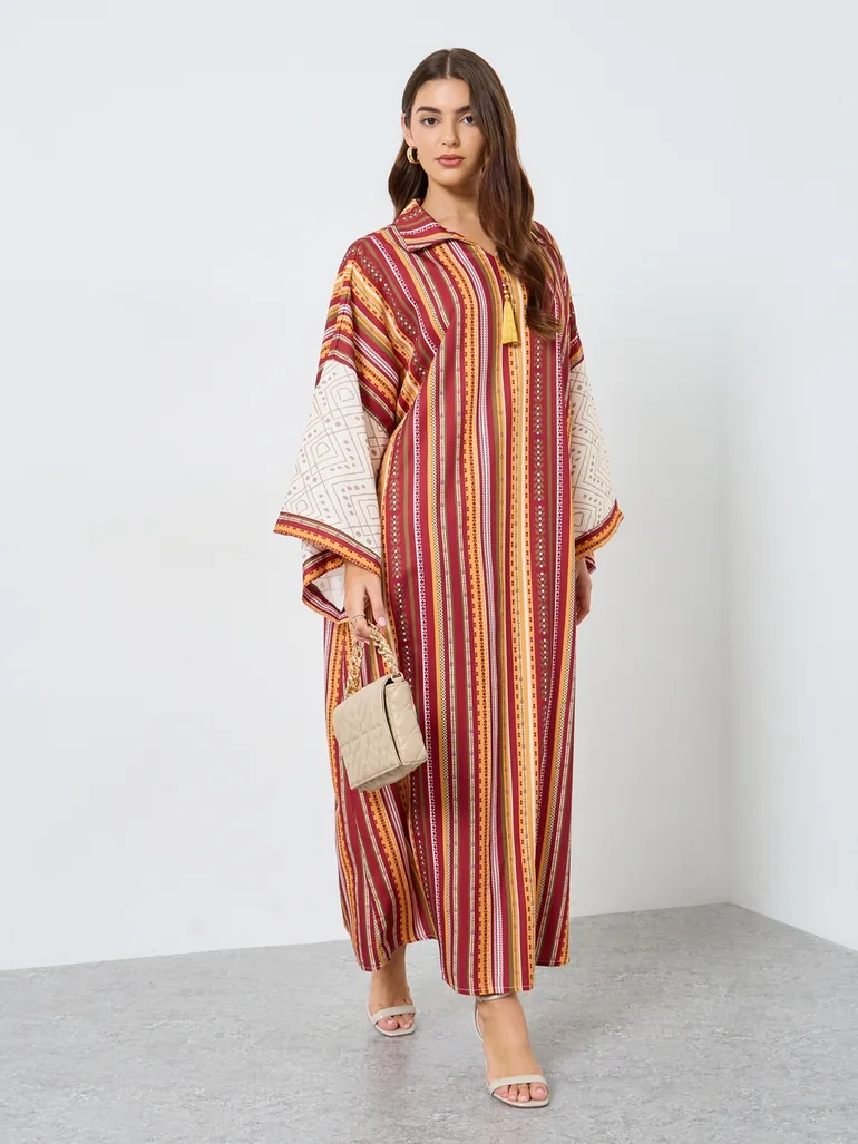 Striped Collared Tassel EmbellishedÂ Jalabiya