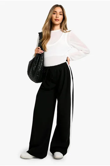 Maternity Contrast Side Stripe Wide Leg Trousers - black