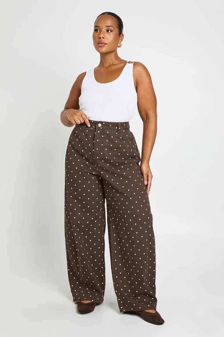 Plus High Waist Polka Dot Barrel Jean - leopard