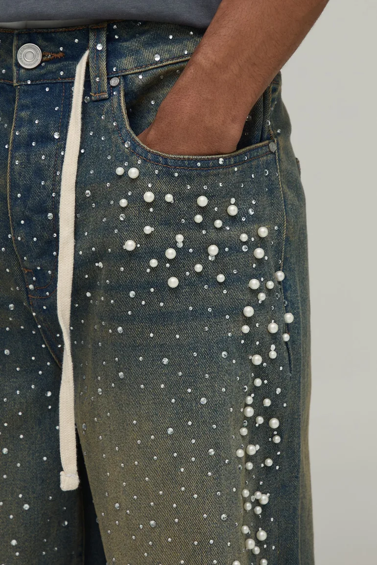 Relaxed Fit Rhinestone Extended Drawcord Jeans - antique blue - 1