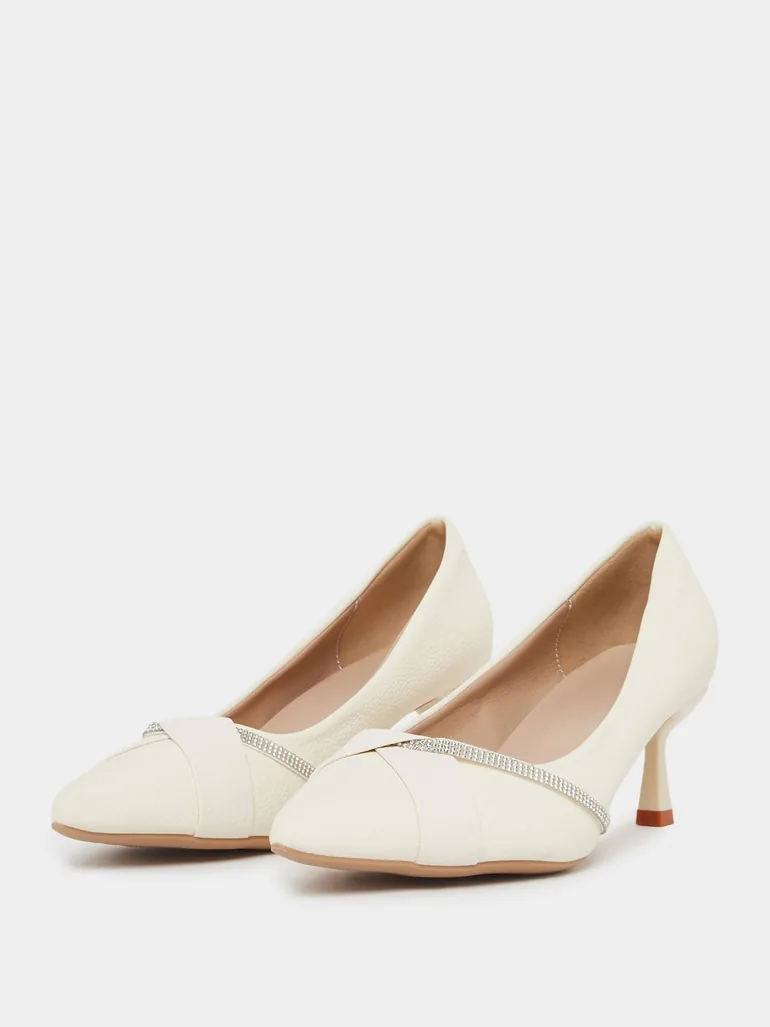 Beige Embellished Stiletto Heel Pumps - 1