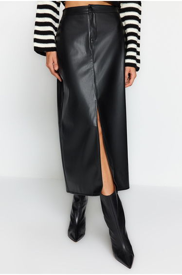 Black Slit Inside Faux Leather High Waist Skirt product thumbnail 4