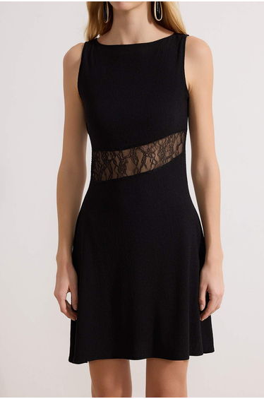 Black Low Back Boat Neck Sleeveless Lace Detail Mini Textured Knitted Dress product thumbnail 3
