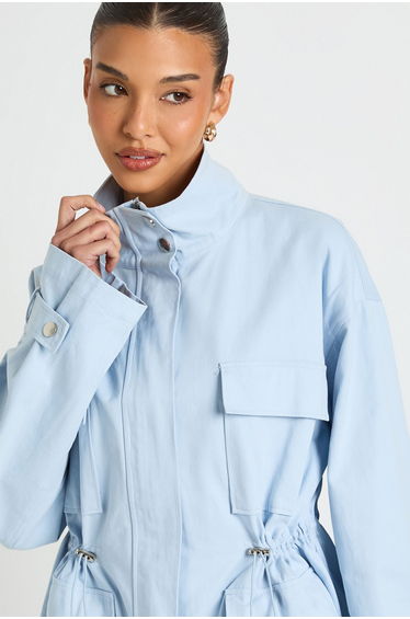 Twill Funnel Neck Cinched Waist Shirt - baby blue product thumbnail 3