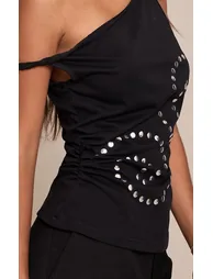 Petite Black Swirl Stud Detail Asymmetric Top - 3