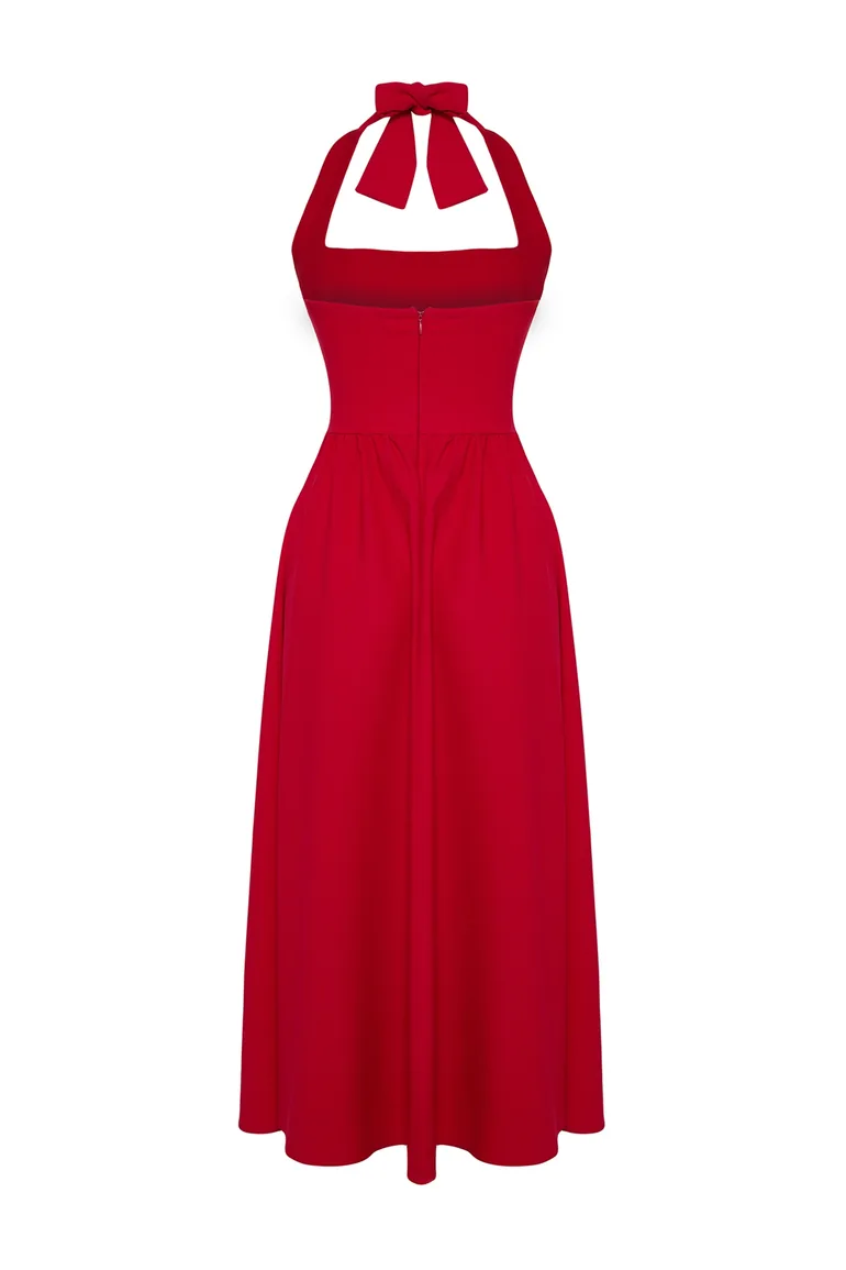 Red A-Line Bow Detail Woven Chic Dress - 5