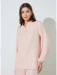Light Pink Long Sleeves Top and Wide Leg Pants Modest Set - 2