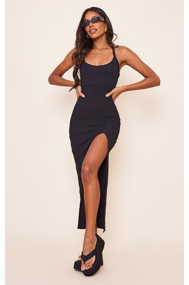 Black Soft Rib Cut Out Tie Back Midaxi Dress