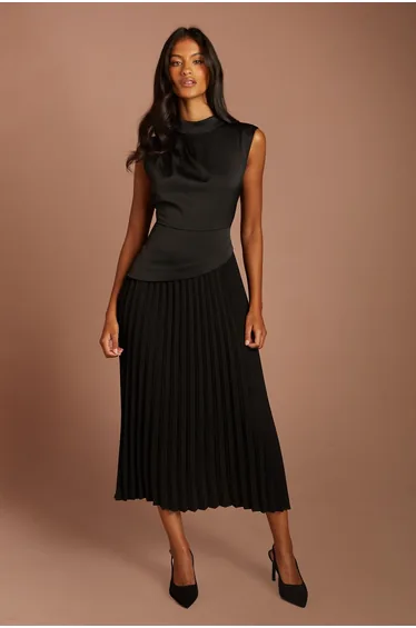 Petite Drape High Neck Pleated Skirt Midi Dress