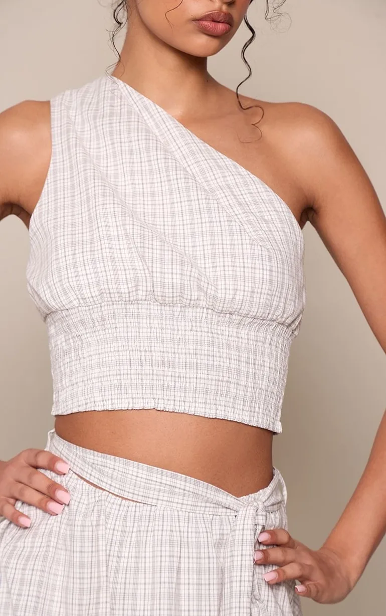 Grey Checked One Shoulder Shirred Top - 3