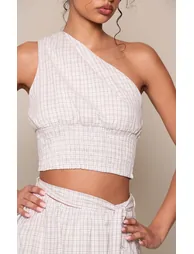 Grey Checked One Shoulder Shirred Top - 3
