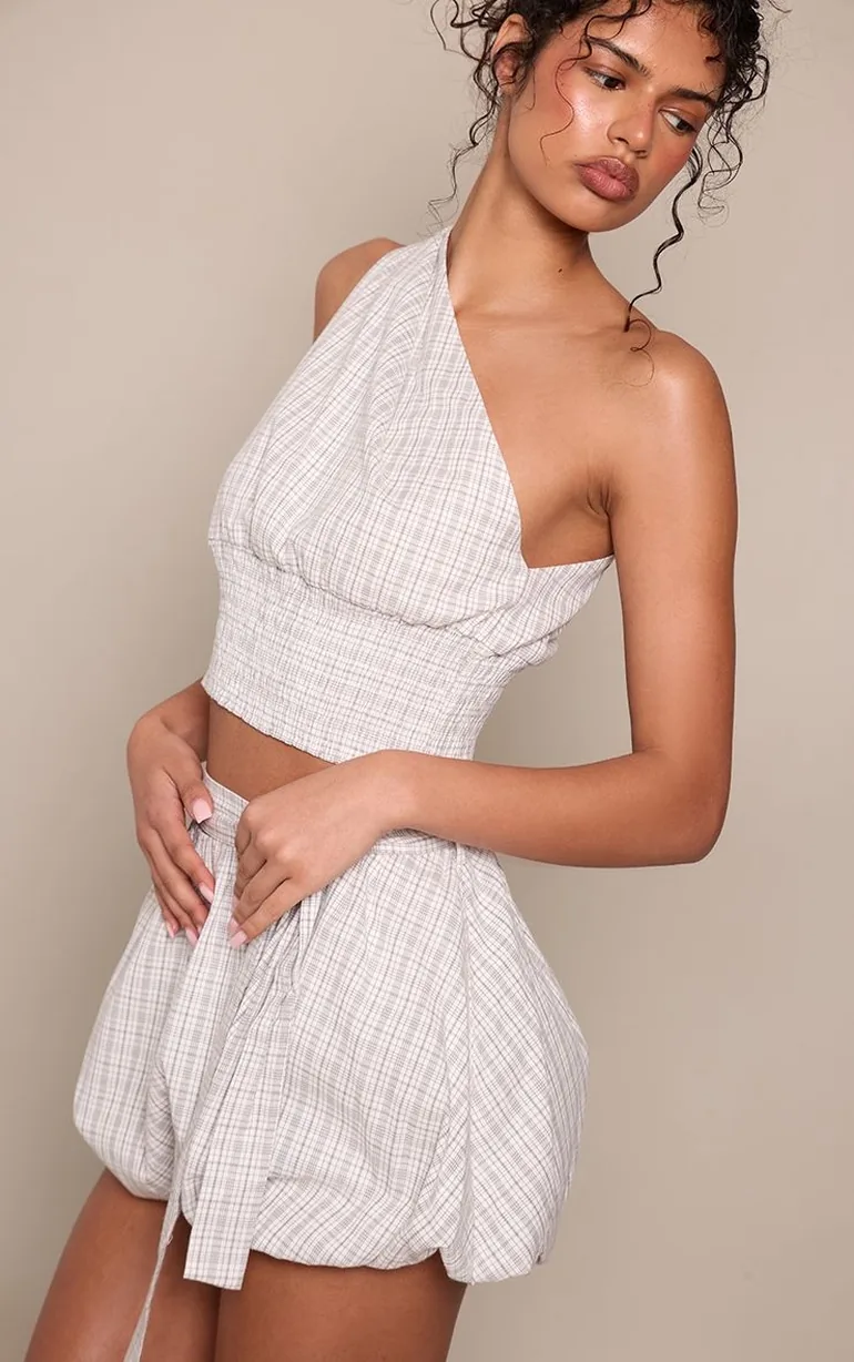 Grey Checked One Shoulder Shirred Top
