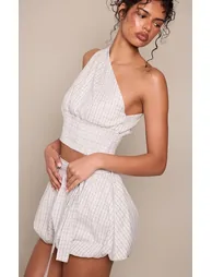 Grey Checked One Shoulder Shirred Top