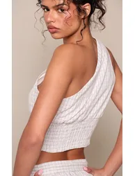 Grey Checked One Shoulder Shirred Top - 1