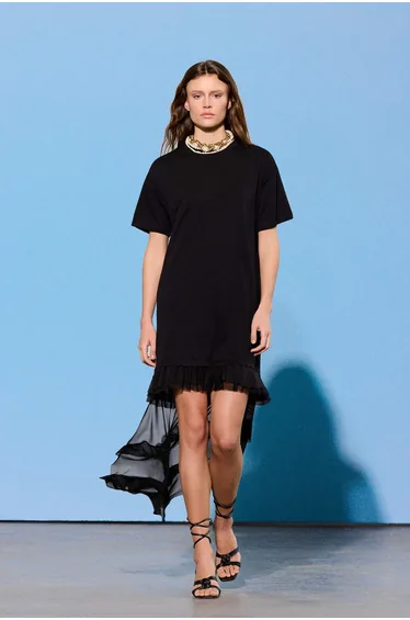 Limited Edition Black T-Shirt Dress Low Arm Short Sleeve Tok %100 Cotton Knitted Dress